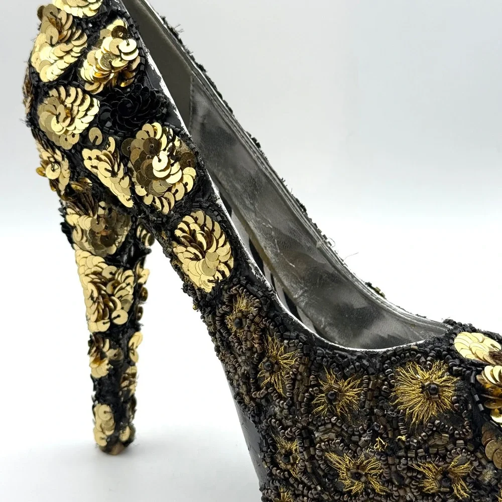 Ivanka Ska Sequin Beaded Platform Pumps Gold Black Zebra Print Heel 5.5 In 8/8.5